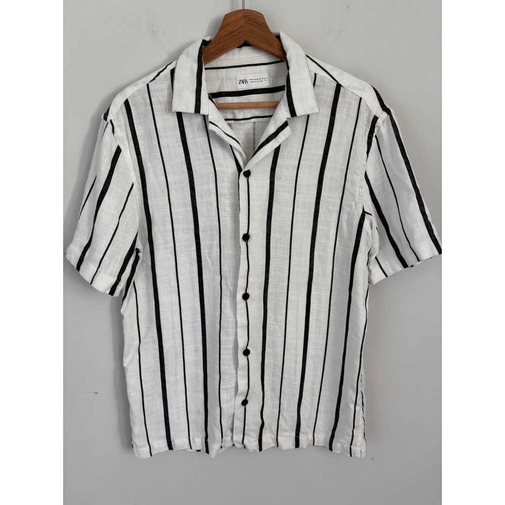 Zara Man White Black Striped Linen Blend Short Sleeve Button Down Shirt Size M